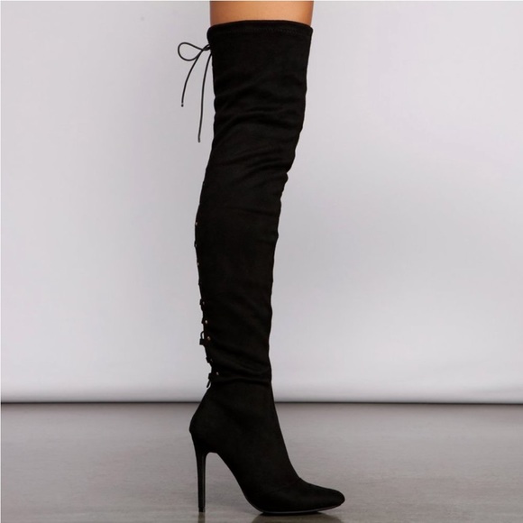 Black High Heel Open Back Corset Lace Up Thigh High Boot - Picture 5 of 15